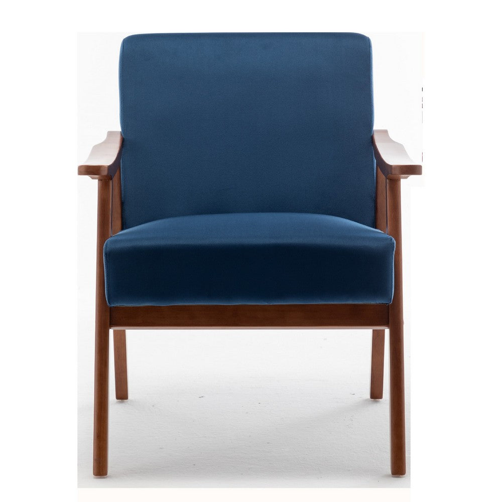 Ryno Mid-Century Accent Chair | Natural Wood Frame | Dark Blue Velvet