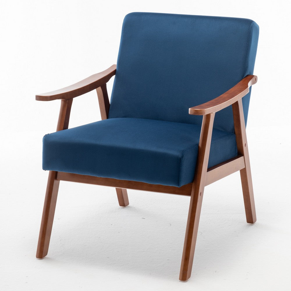 Ryno Mid-Century Accent Chair | Natural Wood Frame | Dark Blue Velvet