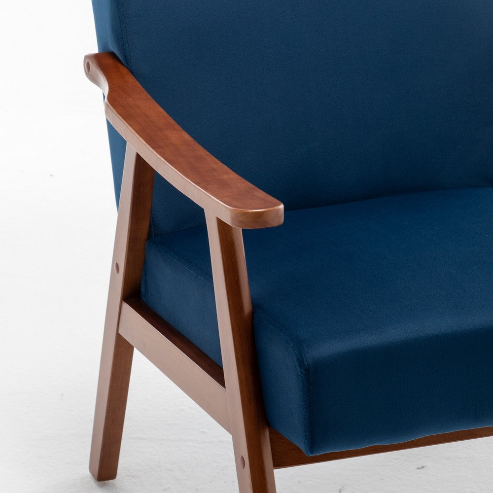 Ryno Mid-Century Accent Chair | Natural Wood Frame | Dark Blue Velvet