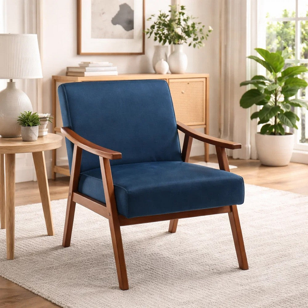 Ryno Mid-Century Accent Chair | Natural Wood Frame | Dark Blue Velvet