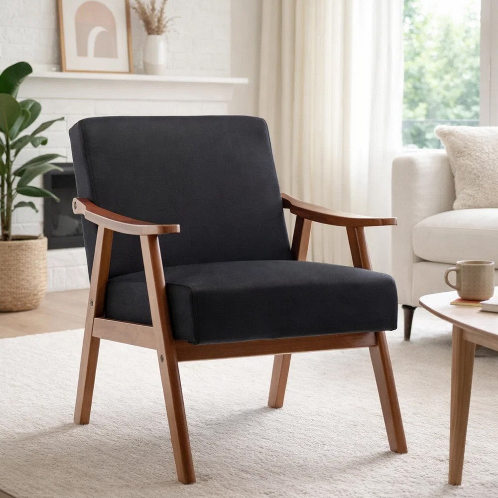 Ryno Mid-Century Accent Chair with Natural Wood Frame | Black Velvet