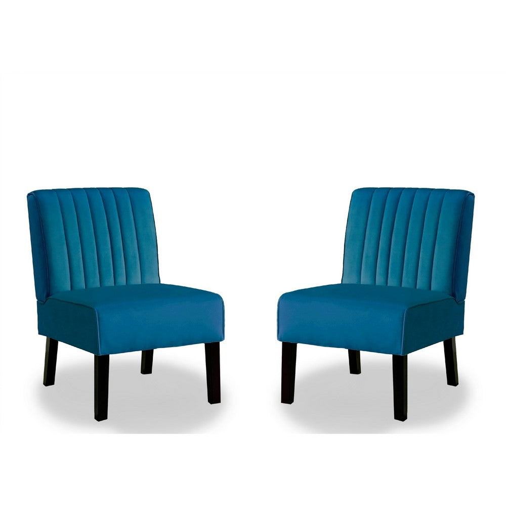Revvy Accent Chair Set of 2 | Black Wood | Blue Channel-Tufted Velvet