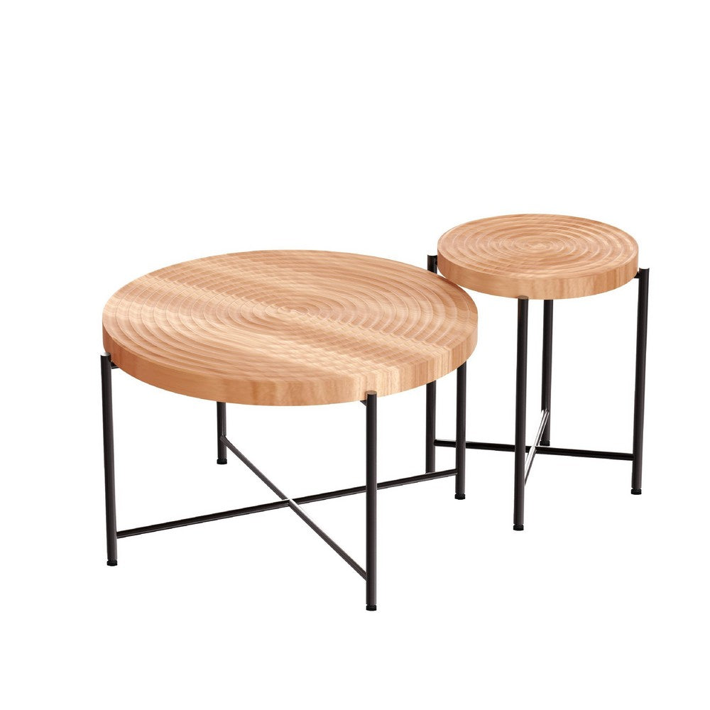 Sierra 2Pc Coffee and End Table Set | Carved Ring Pattern | Natural Wood