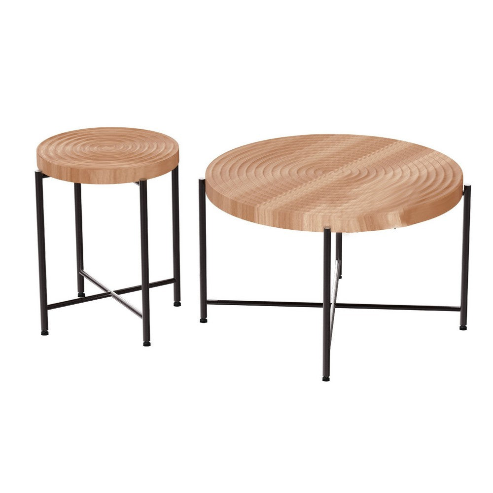 Sierra 2Pc Coffee and End Table Set | Carved Ring Pattern | Natural Wood