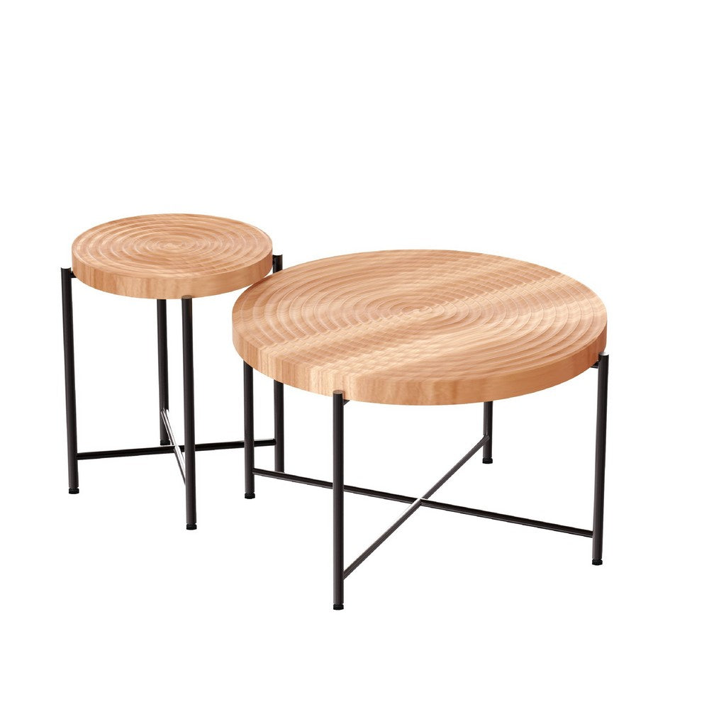 Sierra 2Pc Coffee and End Table Set | Carved Ring Pattern | Natural Wood