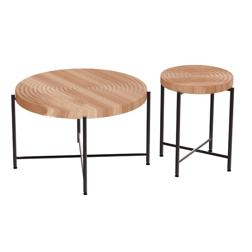 Sierra 2Pc Coffee and End Table Set | Carved Ring Pattern | Natural Wood