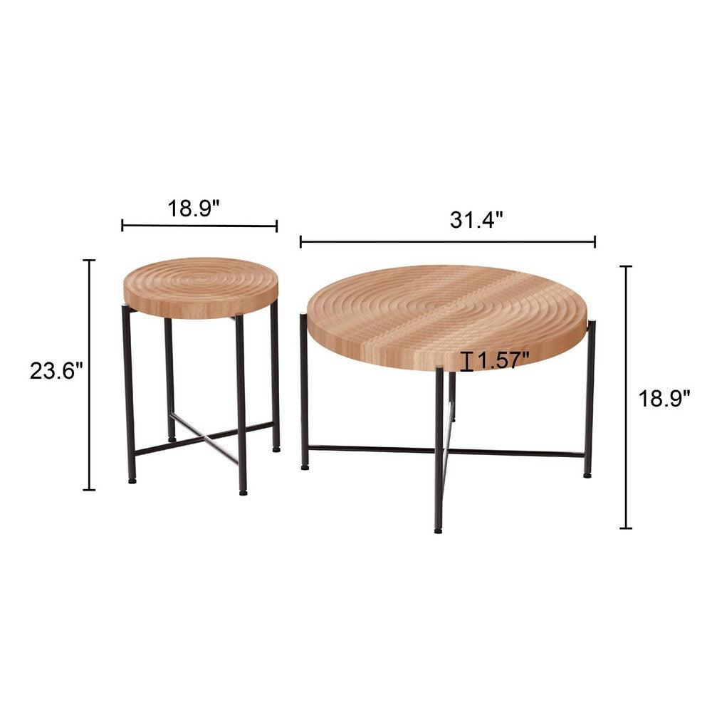 Sierra 2Pc Coffee and End Table Set | Carved Ring Pattern | Natural Wood
