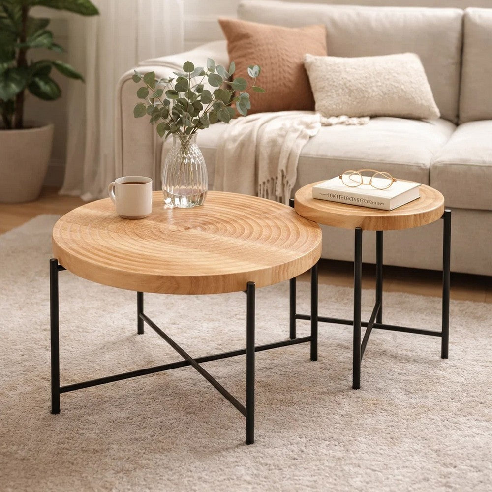 Sierra 2Pc Coffee and End Table Set | Carved Ring Pattern | Natural Wood