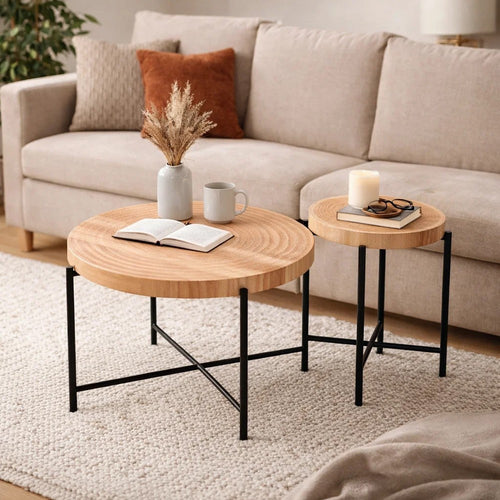 Sierra 2Pc Coffee and End Table Set | Carved Ring Pattern | Natural Wood