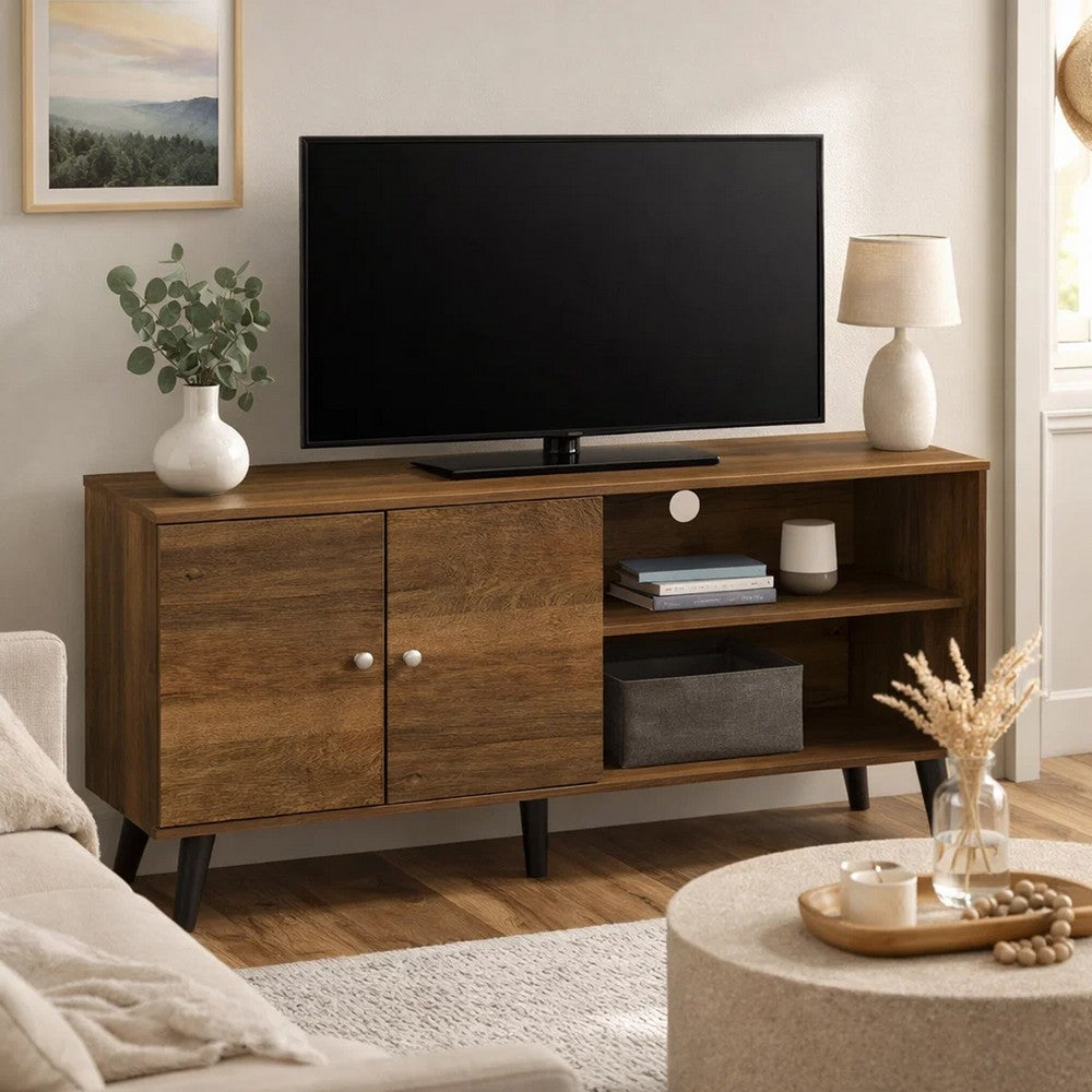 Donna TV Stand Media Console | Shelves and 2 Door Cabinet | Brown Wood 47"