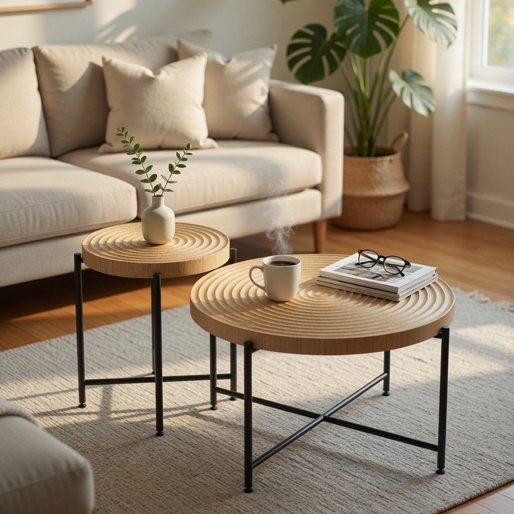 Sierra 2Pc Coffee and End Table Set | Ring Pattern | Oak-Antique White
