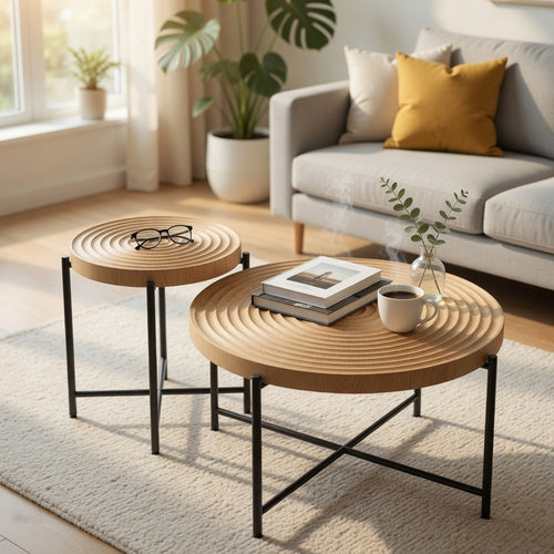 Sierra 2Pc Coffee and End Table Set | Ring Pattern | Oak-Antique White