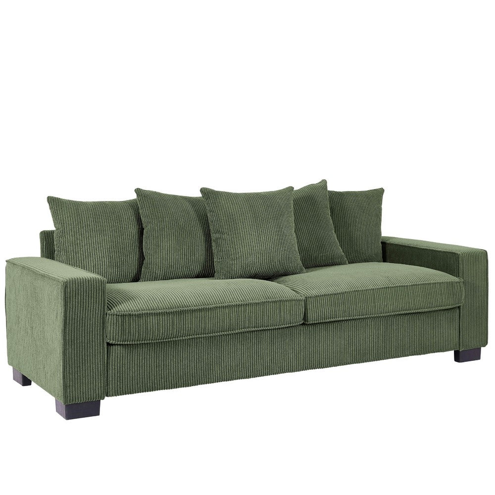 Gina Rectangular Sofa with 5 Toss Pillows | Dark Green Corduroy 88"