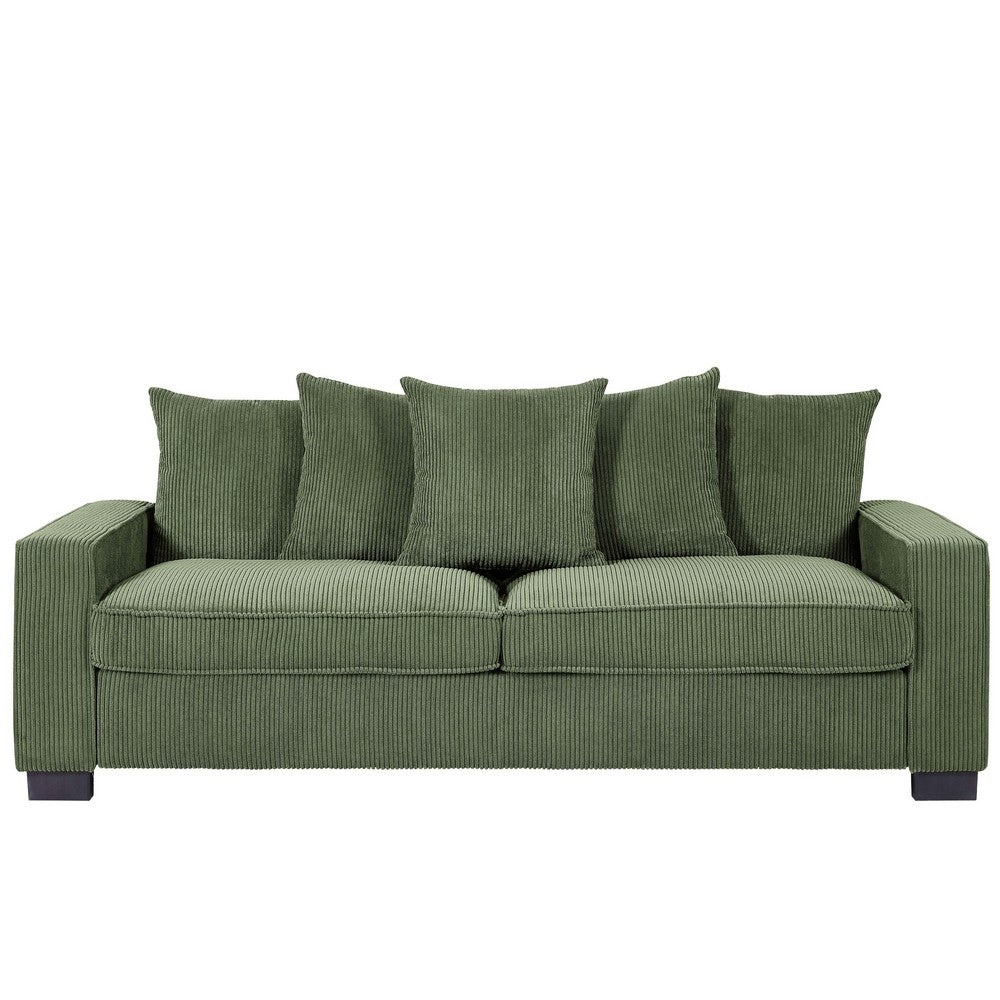 Gina Rectangular Sofa with 5 Toss Pillows | Dark Green Corduroy 88"