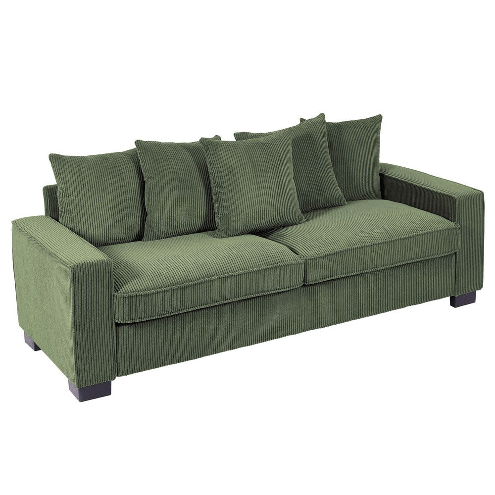 Gina Rectangular Sofa with 5 Toss Pillows | Dark Green Corduroy 88"