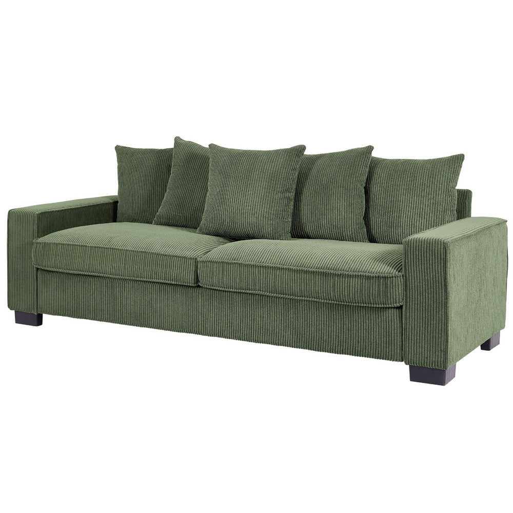 Gina Rectangular Sofa with 5 Toss Pillows | Dark Green Corduroy 88"