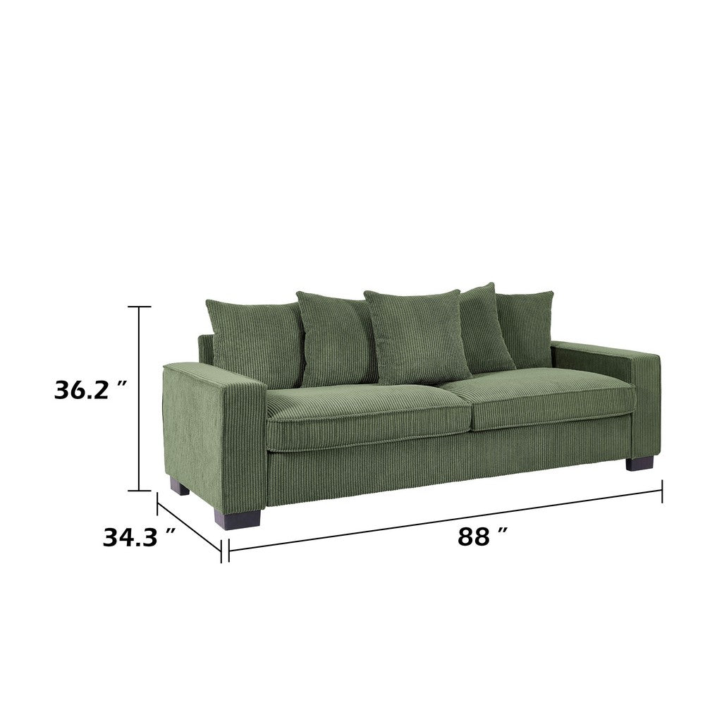 Gina Rectangular Sofa with 5 Toss Pillows | Dark Green Corduroy 88"