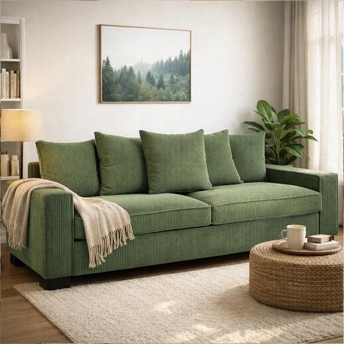 Gina Rectangular Sofa with 5 Toss Pillows | Dark Green Corduroy 88"