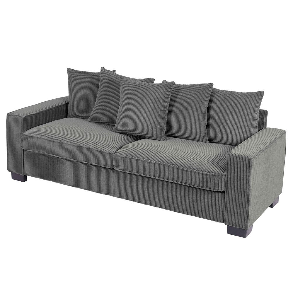 Gina Rectangular 3-Seater Sofa with 5 Toss Pillows | Gray Corduroy 88"