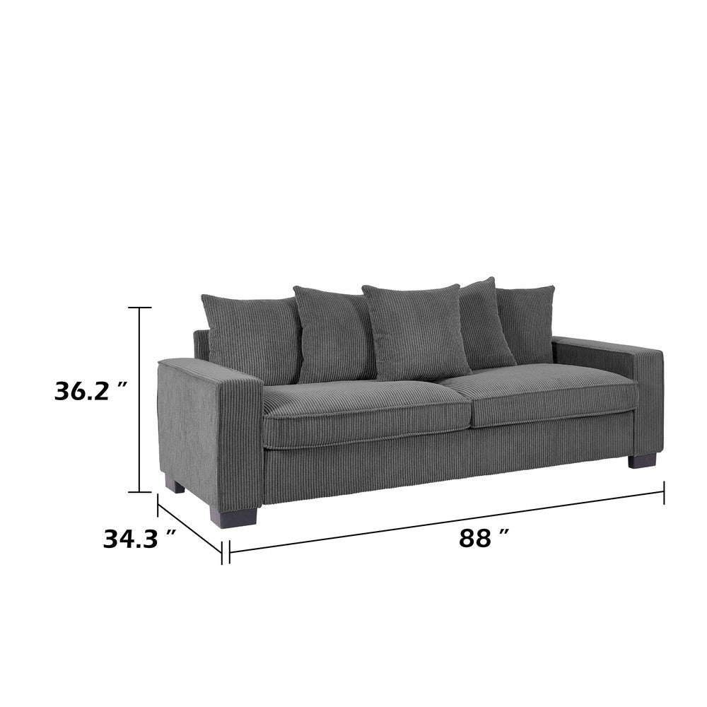 Gina Rectangular 3-Seater Sofa with 5 Toss Pillows | Gray Corduroy 88"