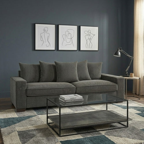 Gina Rectangular 3-Seater Sofa with 5 Toss Pillows | Gray Corduroy 88"