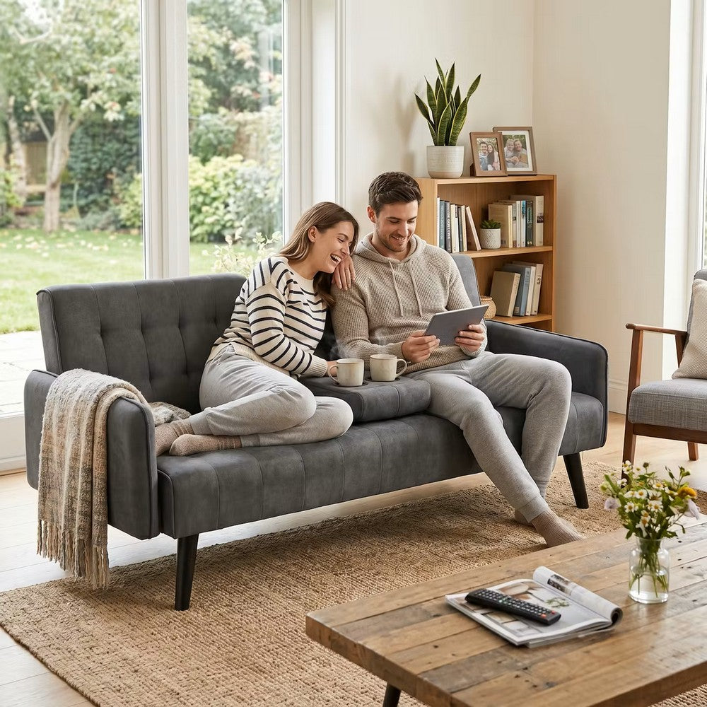 Eloise Convertible Sleeper Sofa-Bed | Cup Holder Table | Dark Gray Linen 72"