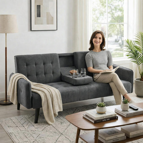 Eloise Convertible Sleeper Sofa-Bed | Cup Holder Table | Dark Gray Linen 72"