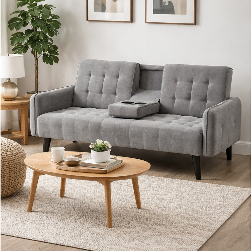 Eloise Convertible Sleeper Sofa-Bed with Cup Holder Table | Gray Linen  72"