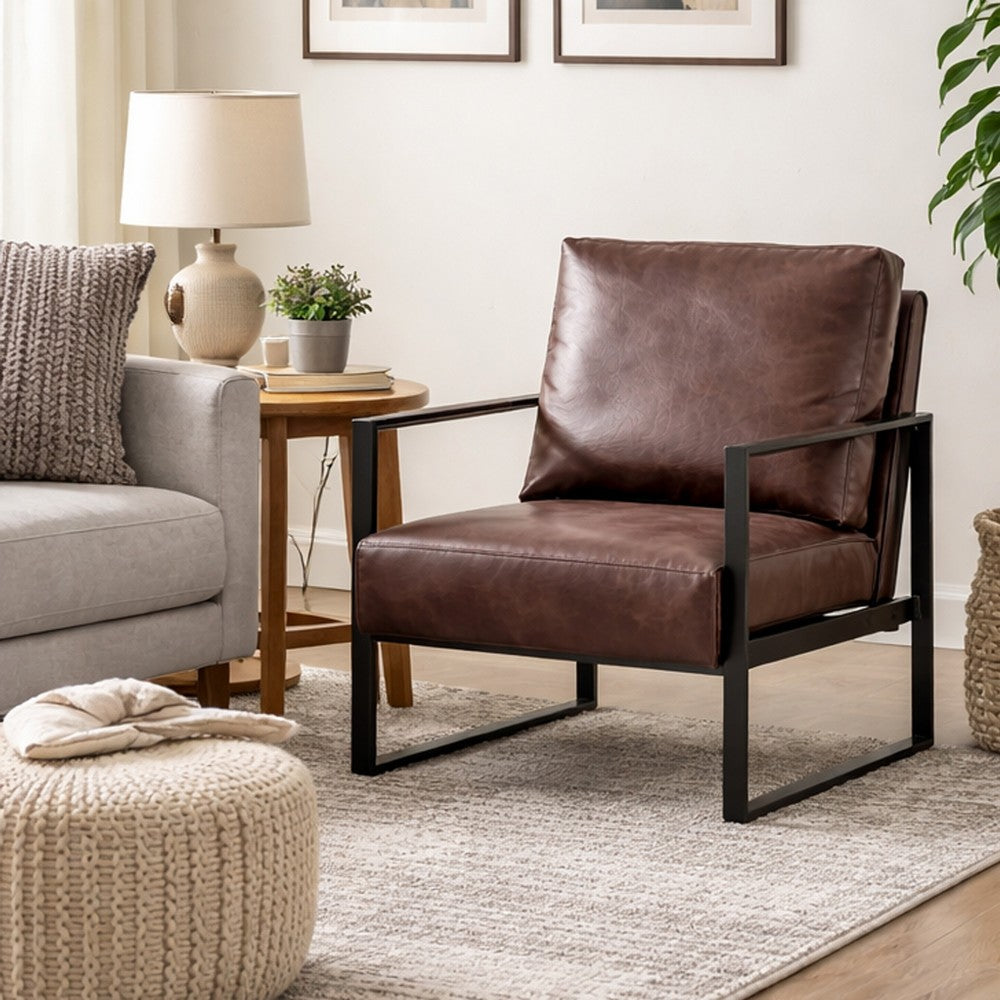 Kriya Accent Arm Chair with Black Metal Frame | Dark Brown Microfiber