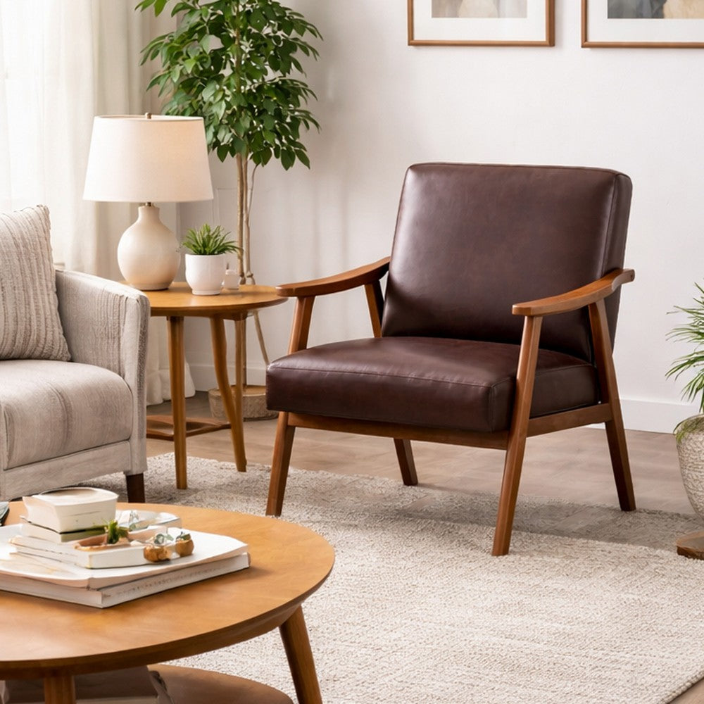 Ryno Mid-Century Accent Chair | Natural Wood Frame | Brown Microfiber