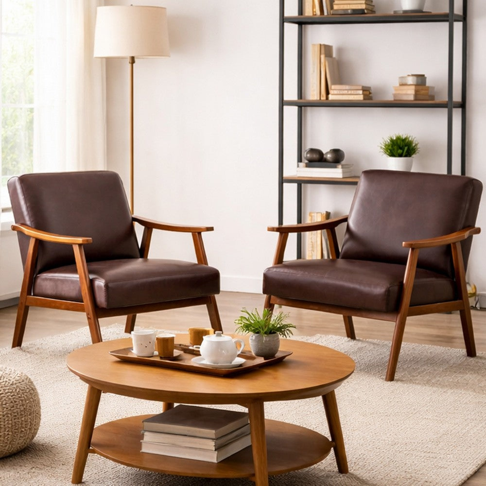 Ryno Mid-Century Accent Chair | Natural Wood Frame | Brown Microfiber