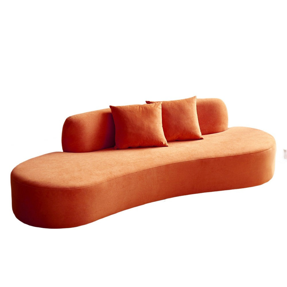 Jeff Sofa w 2 Pillows | Half-Moon Curved Design | Orange Velvet | 91"