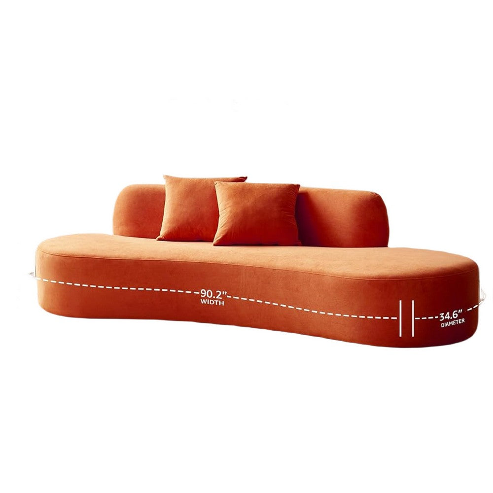 Jeff Sofa w 2 Pillows | Half-Moon Curved Design | Orange Velvet | 91"
