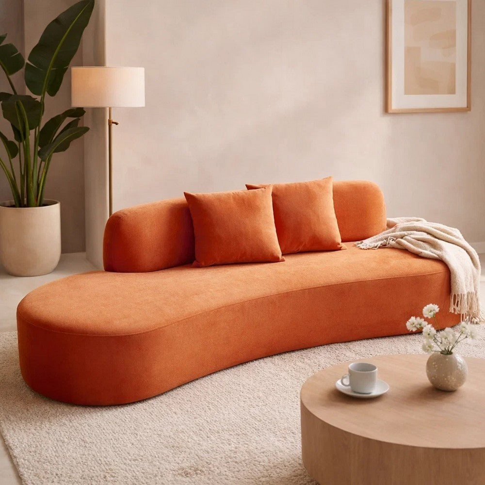 Jeff Sofa w 2 Pillows | Half-Moon Curved Design | Orange Velvet | 91"