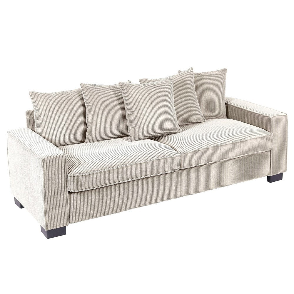 Gina Rectangular 3-Seater Sofa with 5 Toss Pillows | Ivory Corduroy 88"