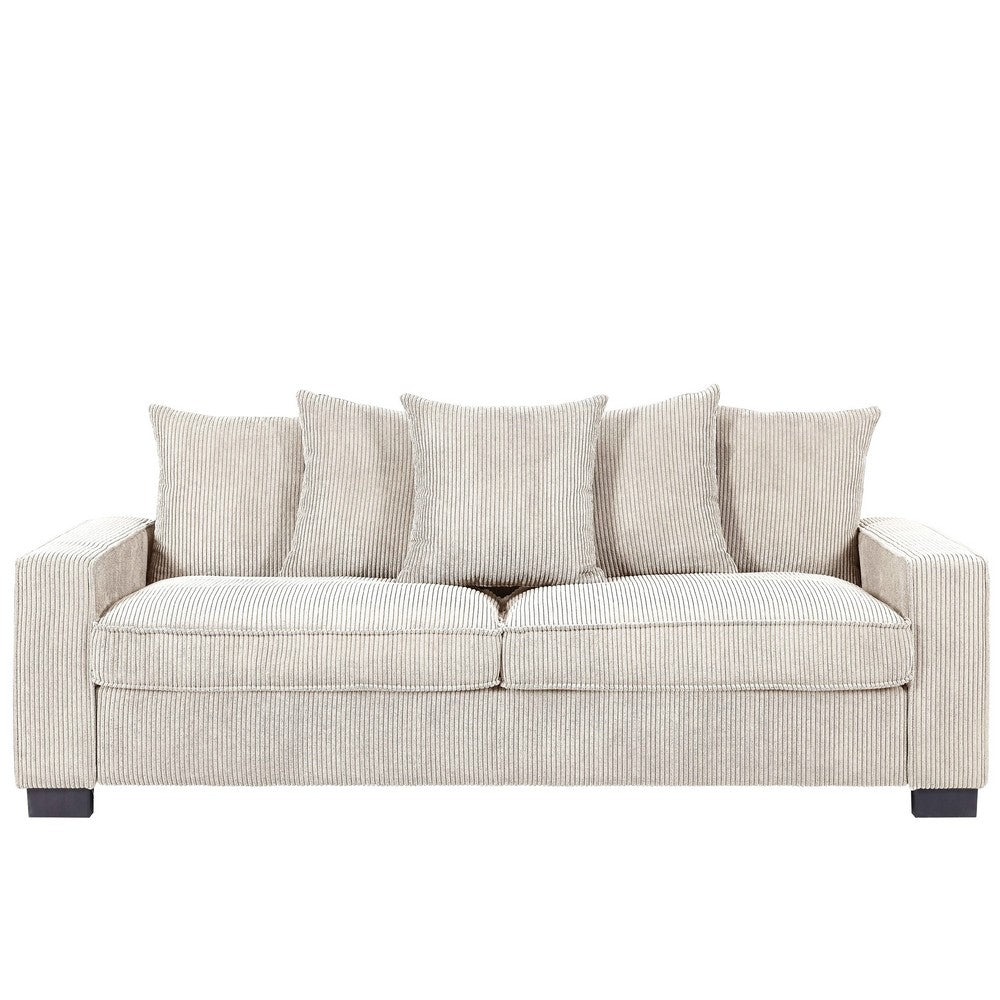 Gina Rectangular 3-Seater Sofa with 5 Toss Pillows | Ivory Corduroy 88"