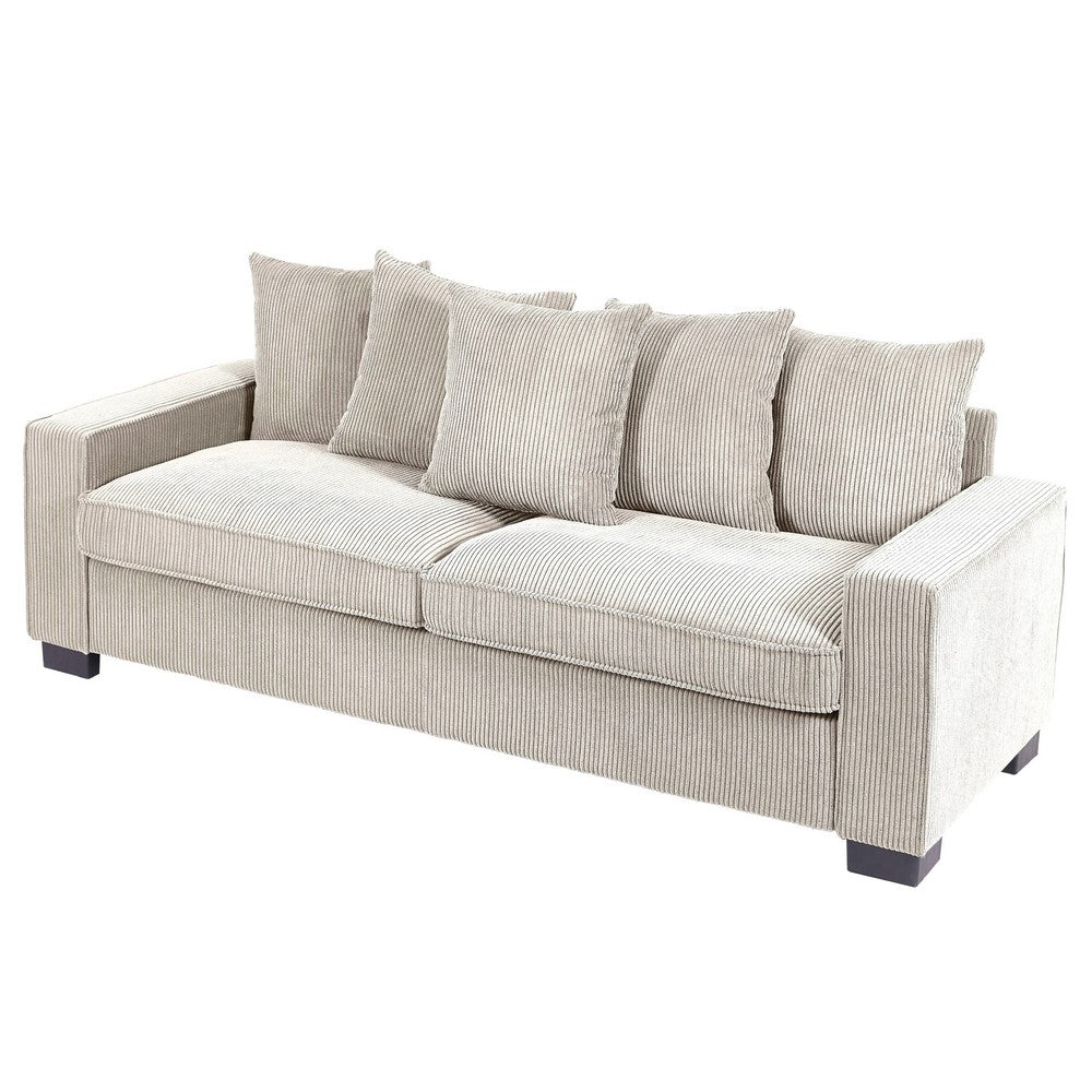 Gina Rectangular 3-Seater Sofa with 5 Toss Pillows | Ivory Corduroy 88"