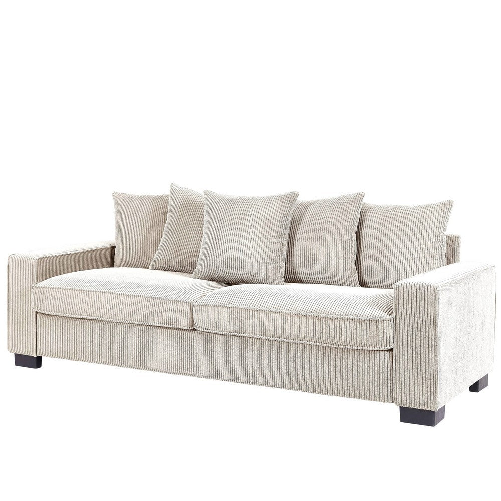 Gina Rectangular 3-Seater Sofa with 5 Toss Pillows | Ivory Corduroy 88"