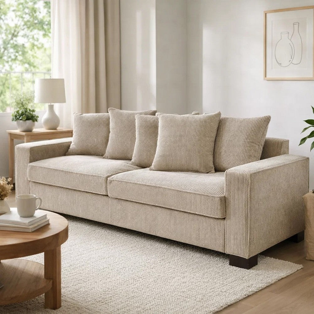 Gina Rectangular 3-Seater Sofa with 5 Toss Pillows | Ivory Corduroy 88"