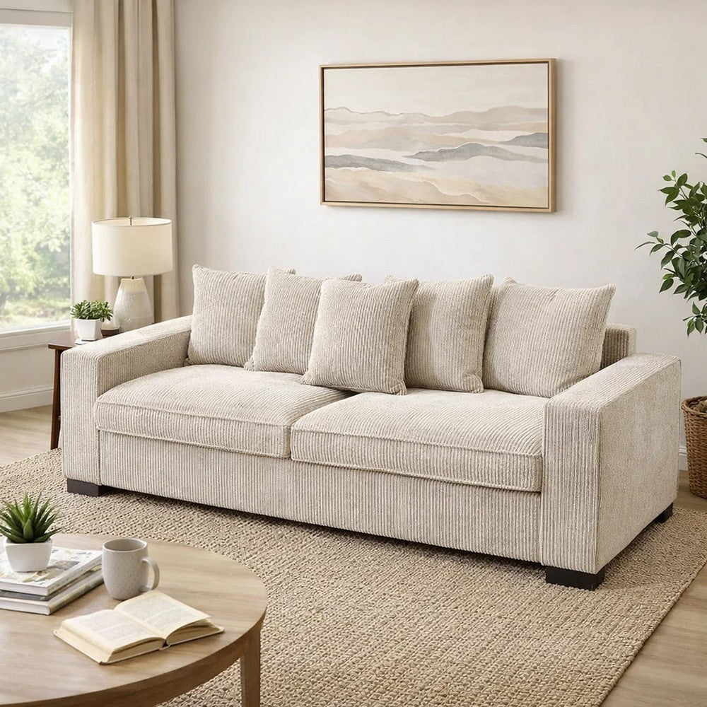 Gina Rectangular 3-Seater Sofa with 5 Toss Pillows | Ivory Corduroy 88"
