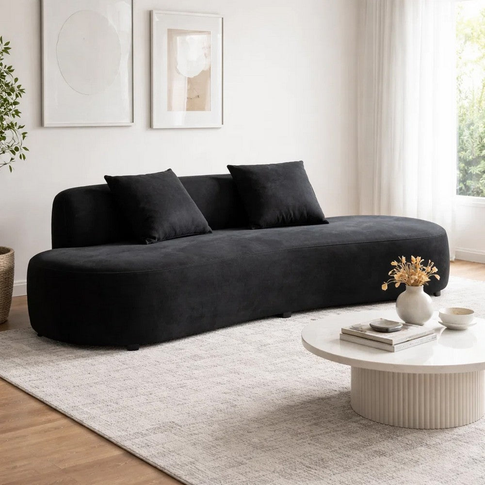 Jeff Sofa w 2 Pillows | Half-Moon Curved Design | Black Velvet 91"