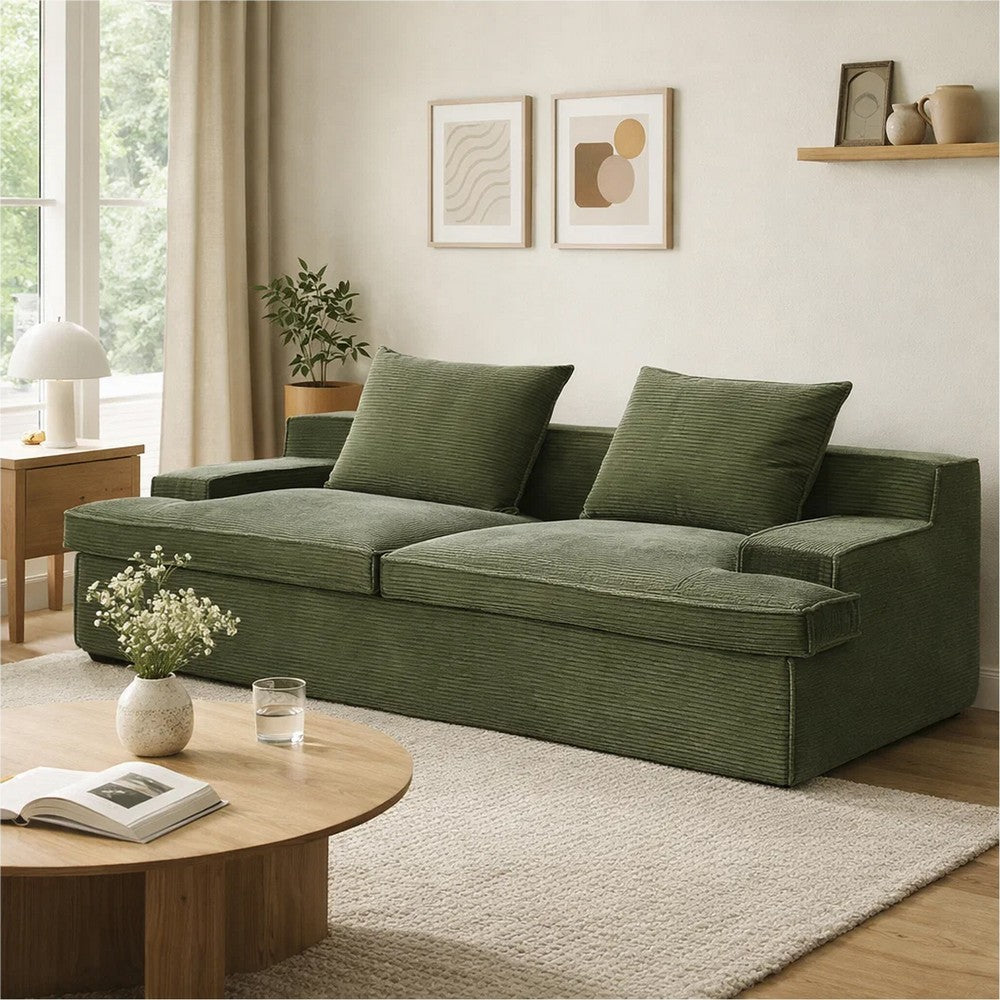 Syra Ergonomic 4-Seater Oversized Sofa with Wide Arms | Green Corduroy 91"