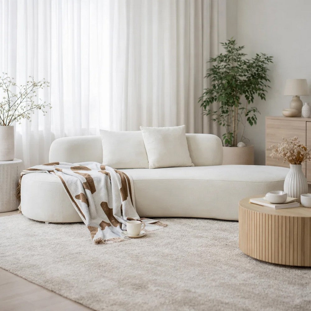 Jeff Sofa w 2 Pillows | Half-Moon Curved Design | Ivory Velvet 91"