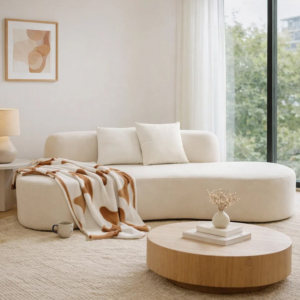Jeff Sofa w 2 Pillows | Half-Moon Curved Design | Ivory Velvet 91"