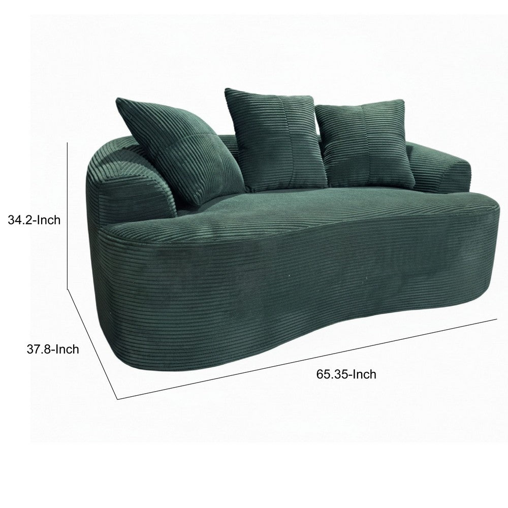 Anvy Loveseat Sofa with 3 Accent Pillows | Curved Frame | Green Corduroy 65"