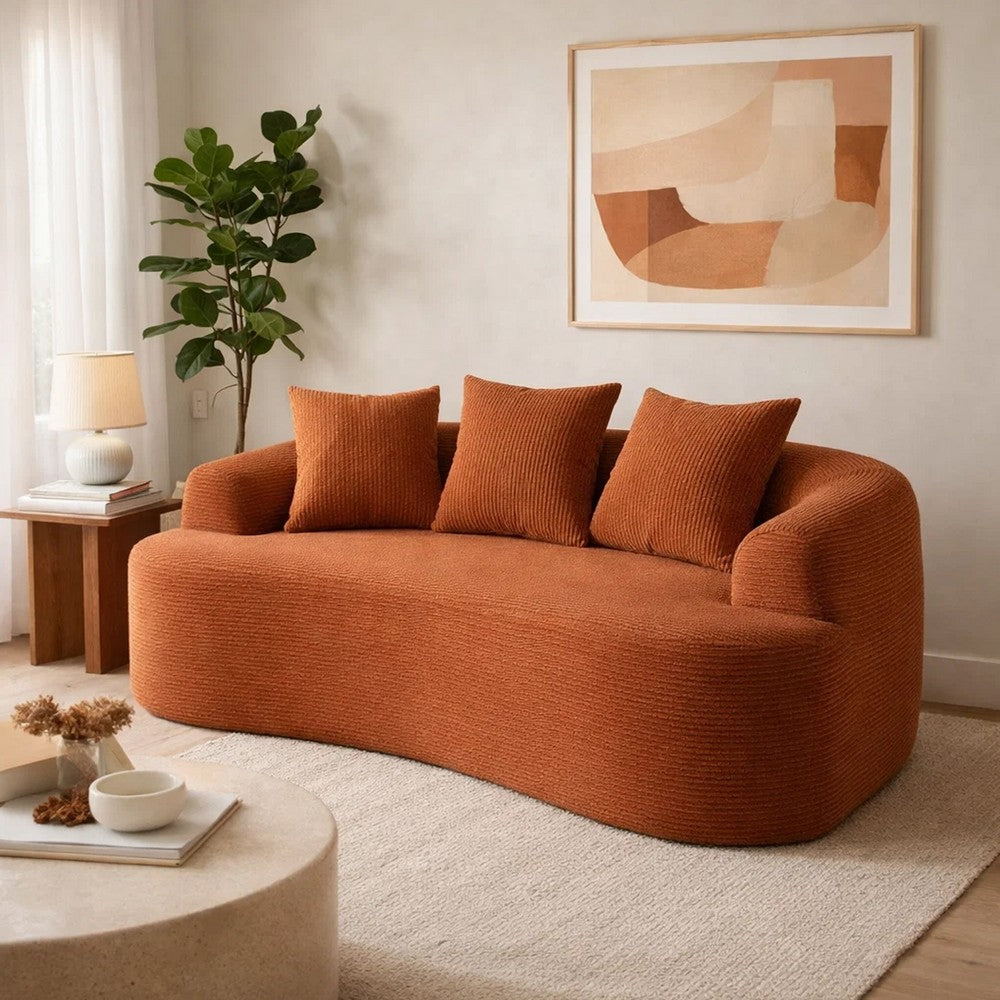 Anvy Loveseat Sofa | 3 Accent Pillows | Curve Frame | Orange-Red Corduroy 65"