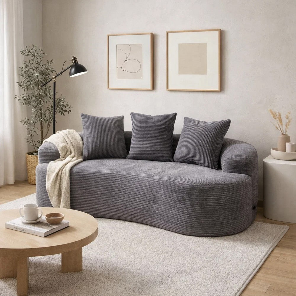 Anvy Loveseat Sofa with 3 Accent Pillows | Curved Frame | Gray Corduroy 65"