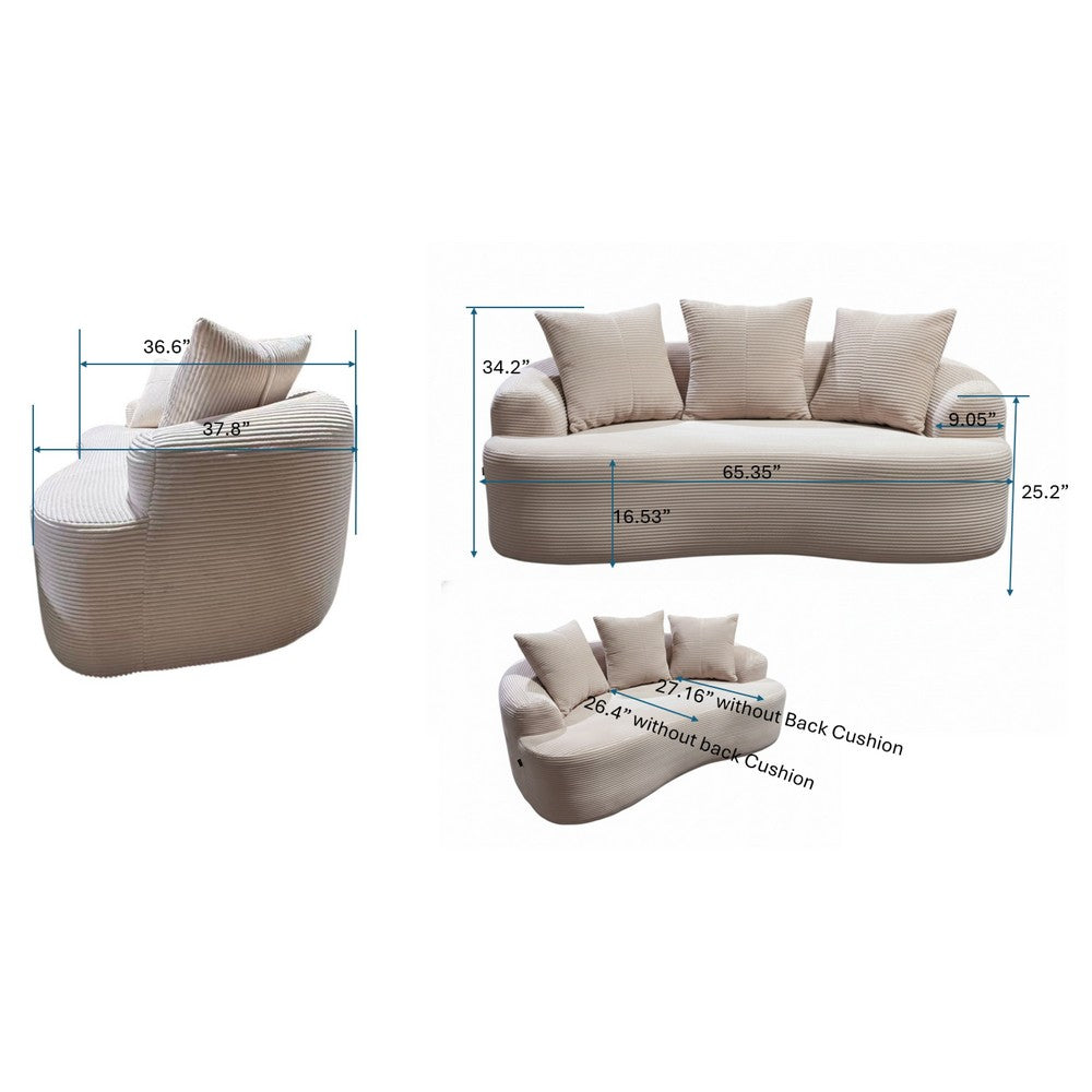 Anvy Loveseat Sofa with 3 Accent Pillows | Curved Frame | Beige Corduroy 65"