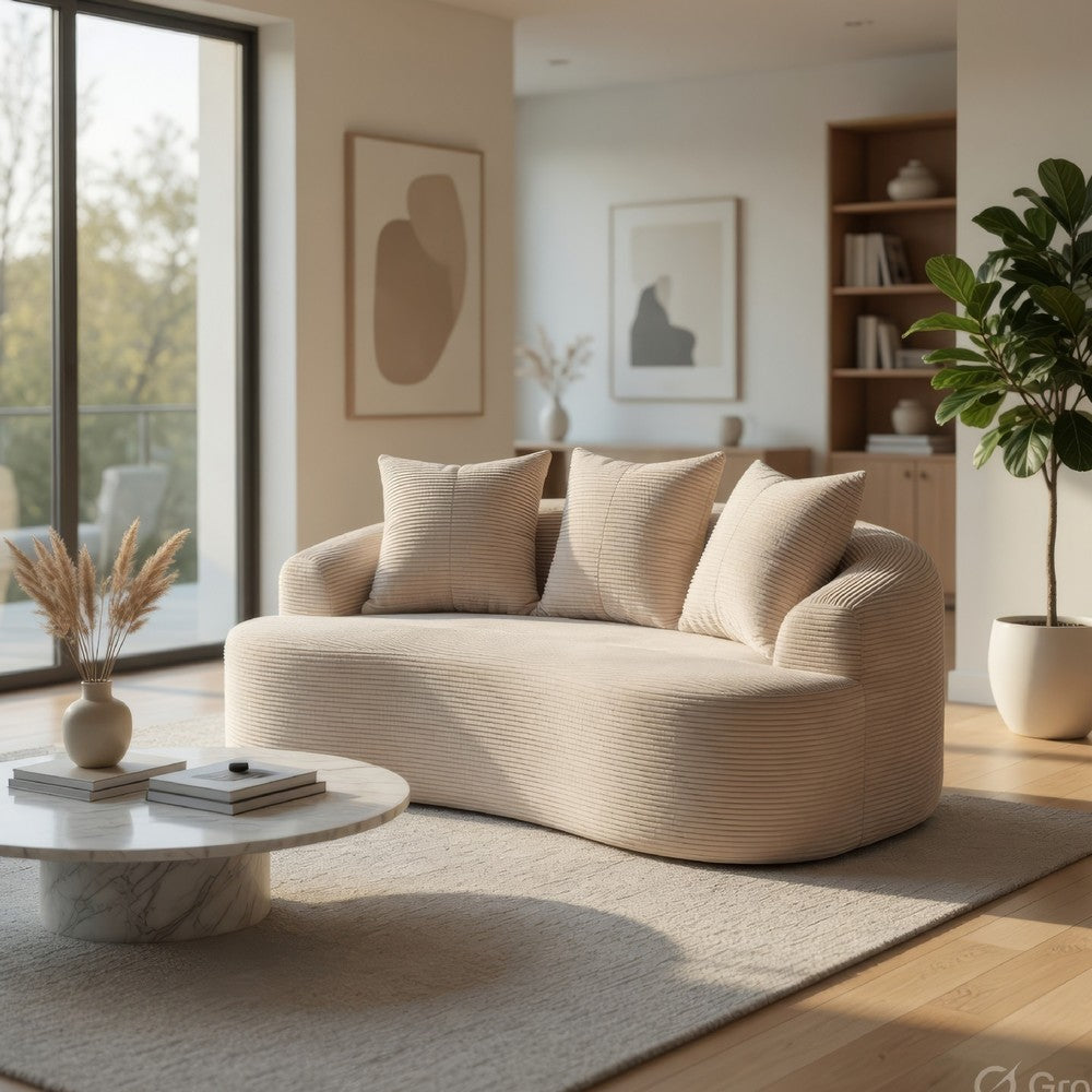 Anvy Loveseat Sofa with 3 Accent Pillows | Curved Frame | Beige Corduroy 65"