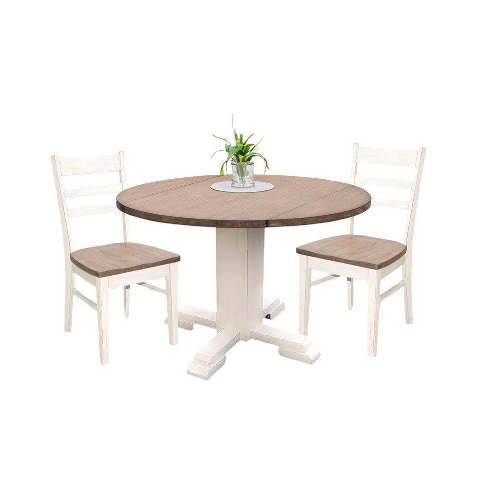 3pc Dining Set | Round Drop Leaf Top | Buckskin Brown Wood Seat | White